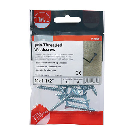 This is an image of Timco - Twin-Thread Woodscrews - PZ - Double Countersunk - Zinc 10 x 1 1/2" - (15 PCS TIMpac) 10112CWZP