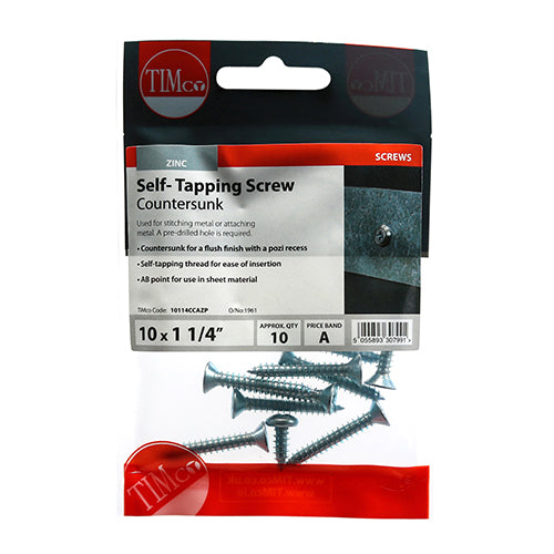 This is an image of Timco - Self-Tapping Screws - PZ - Countersunk - Zinc 10 x 1 1/4" - (10 PCS TIMpac) 10114CCAZP