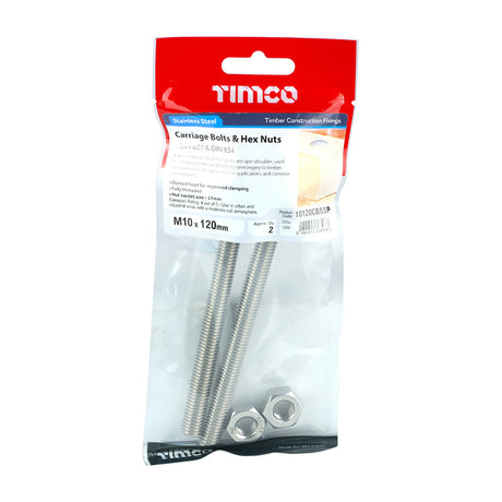 This is an image of Timco - Carriage Bolts & Hex Nuts - Stainless Steel M10 x 120mm - (2 PCS TIMpac) 10120CBSSP
