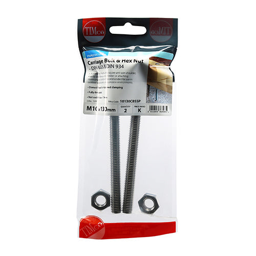 This is an image of Timco - Carriage Bolts & Hex Nuts - Stainless Steel M10 x 130mm - (2 PCS TIMpac) 10130CBSSP