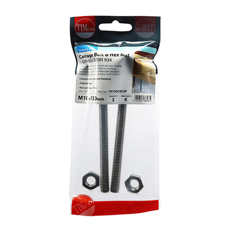 This is an image of Timco - Carriage Bolts & Hex Nuts - Stainless Steel M10 x 130mm - (2 PCS TIMpac) 10130CBSSP