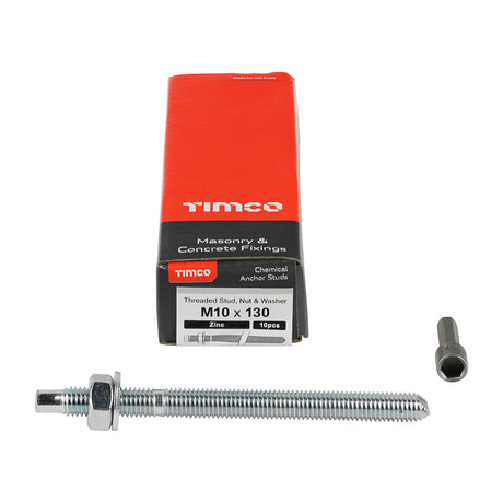 This is an image of Timco - Chemical Anchor Threaded Studs, Nuts & Washers - Zinc M10 x 130mm - (10 PCS Box) 10130CS