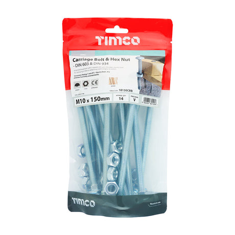 This is an image of Timco - Carriage Bolts & Hex Nuts - Zinc M10 x 150mm - (14 PCS TIMbag) 10150CBB