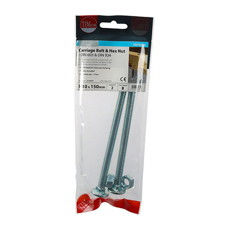 This is an image of Timco - Carriage Bolts & Hex Nuts - Zinc M10 x 150mm - (2 PCS TIMpac) 10150CBP