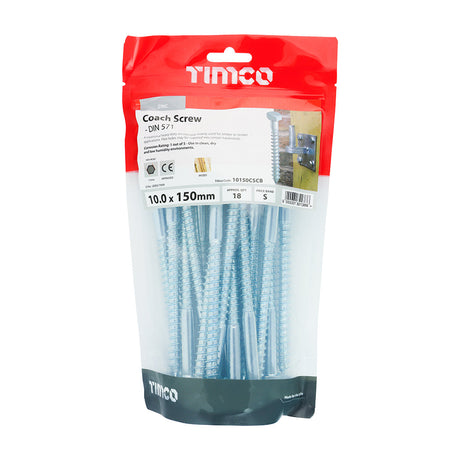 This is an image of Timco - Coach Screws - Hex - Zinc 10.0 x 150mm - (18 PCS TIMbag) 10150CSCB