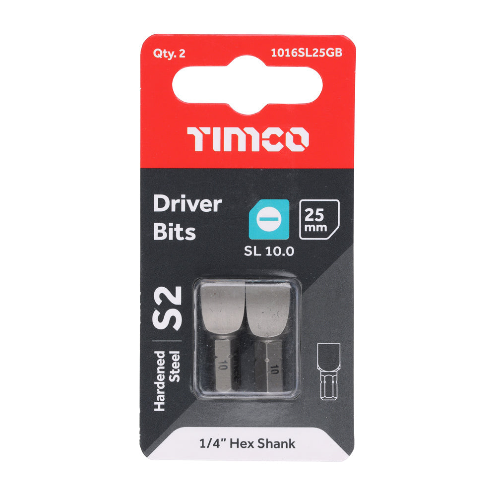 This is an image of Timco - S2 Driver Bits - SL 10.0 x 1.6 x 25 (2 Pieces Blister Pack) 1016SL25GB