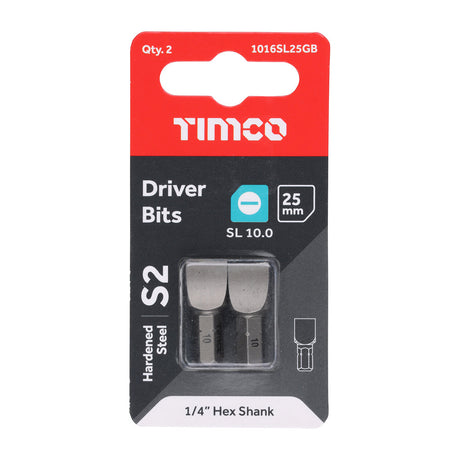 This is an image of Timco - S2 Driver Bits - SL 10.0 x 1.6 x 25 (2 Pieces Blister Pack) 1016SL25GB