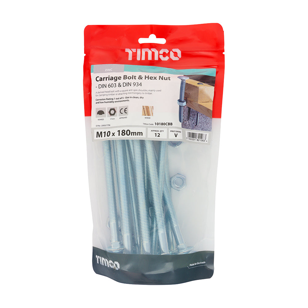 This is an image of Timco - Carriage Bolts & Hex Nuts - Zinc M10 x 180mm - (12 PCS TIMbag) 10180CBB