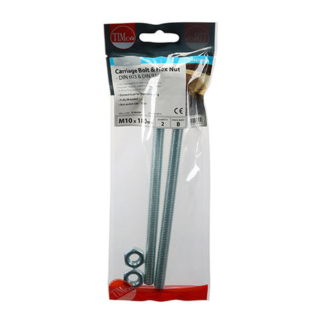This is an image of Timco - Carriage Bolts & Hex Nuts - Zinc M10 x 180mm - (2 PCS TIMpac) 10180CBP