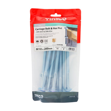 This is an image of Timco - Carriage Bolts & Hex Nuts - Zinc M10 x 200mm - (10 PCS TIMbag) 10200CBB