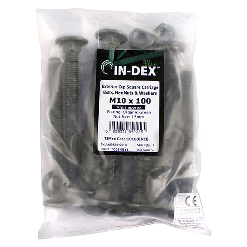 This is an image of Timco - Carriage Bolts Hex Nuts & Form A Washers - Dome - Exterior - Green M10 x 200mm - (10 PCS Bag) 10200INCB