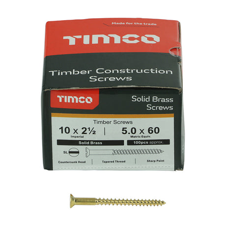 This is an image of Timco - Solid Brass Timber Screws - SLOT - Countersunk 10 x 2 1/2" - (100 PCS Box) 10212CBS