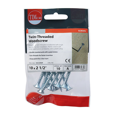 This is an image of Timco - Twin-Thread Woodscrews - PZ - Double Countersunk - Zinc 10 x 2 1/2" - (10 PCS TIMpac) 10212CWZP