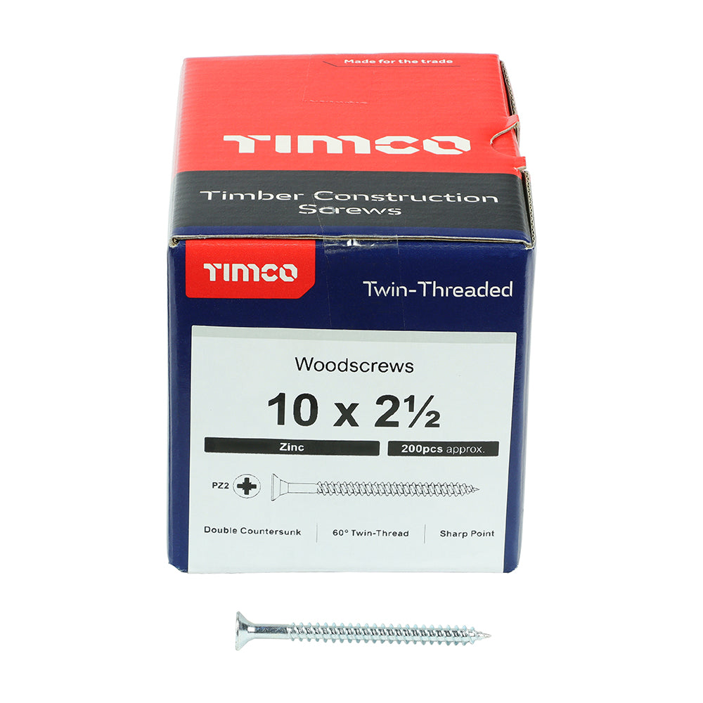 This is an image of Timco - Twin-Threaded Woodscrews - PZ - Double Countersunk - Zinc 10 x 2 1/2" - (200 PCS Box) 10212CWZ