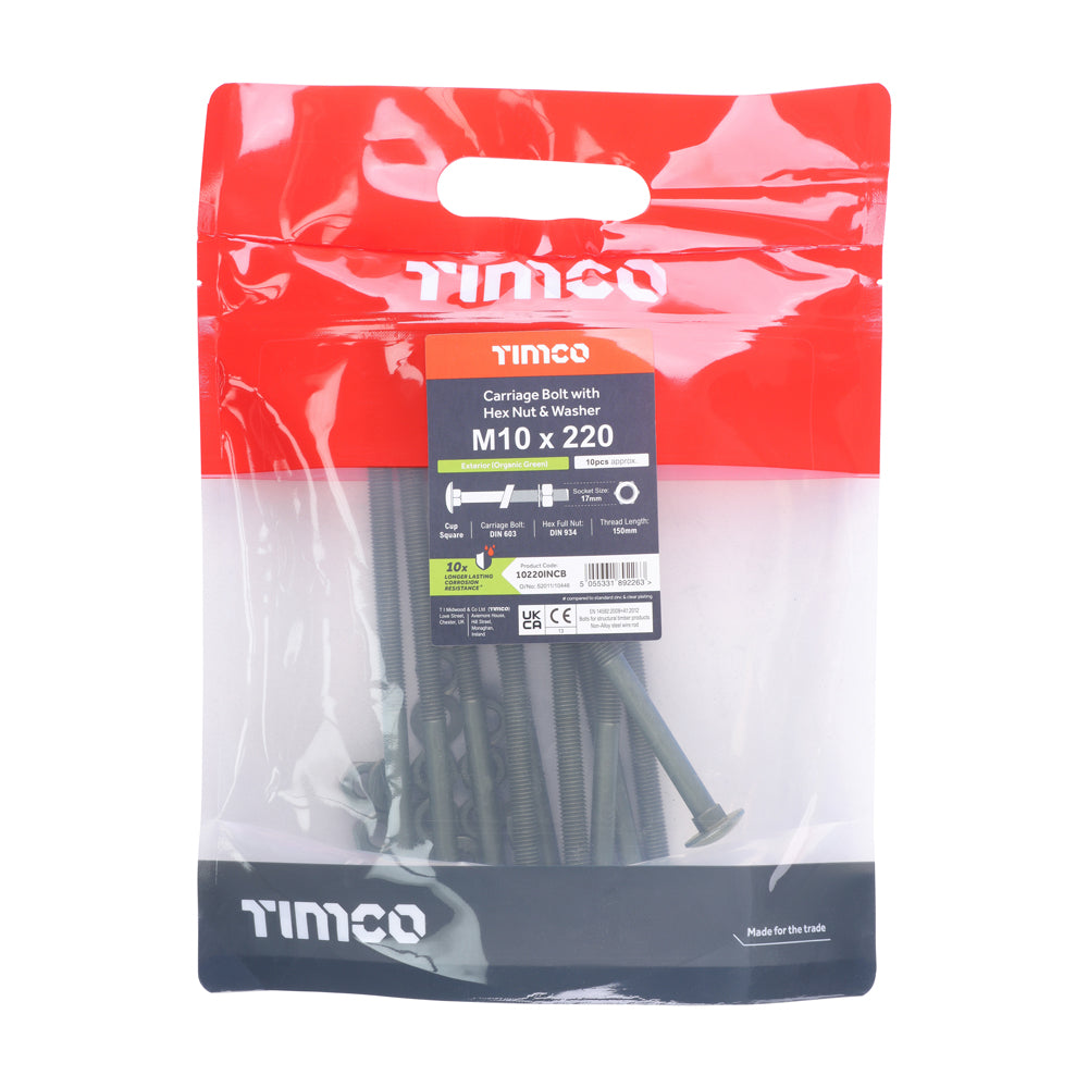 This is an image of Timco - Carriage Bolts Hex Nuts & Form A Washers - Dome - Exterior - Green M10 x 220mm - (10 PCS Bag) 10220INCB