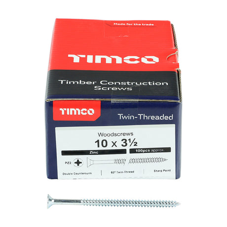 This is an image of Timco - Twin-Threaded Woodscrews - PZ - Double Countersunk - Zinc 10 x 3 1/2" - (100 PCS Box) 10312CWZ