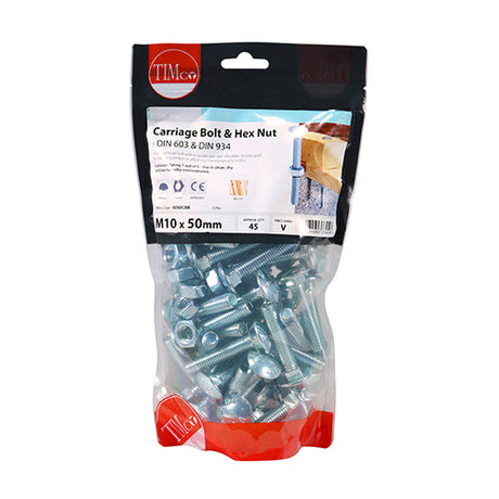 This is an image of Timco - Carriage Bolts & Hex Nuts - Zinc M10 x 50mm - (45 PCS TIMbag) 1050CBB
