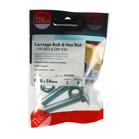 This is an image of Timco - Carriage Bolts & Hex Nuts - Zinc M10 x 50mm - (2 PCS TIMpac) 1050CBP