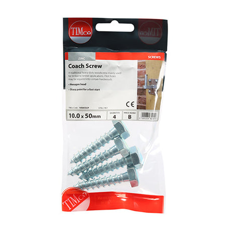 This is an image of Timco - Coach Screws - Hex - Zinc 10.0 x 50mm - (4 PCS TIMpac) 1050CSCP