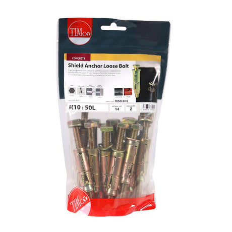 This is an image of Timco - Shield Anchor Loose Bolts - Yellow M10:50L (M10 x 110)mm - (14 PCS TIMbag) 1050LSHB