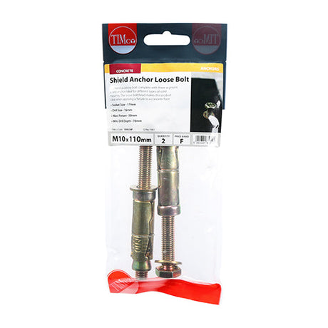 This is an image of Timco - Shield Anchor Loose Bolts - Yellow M10:50L (M10 x 110)mm - (2 PCS TIMpac) 1050LSHP