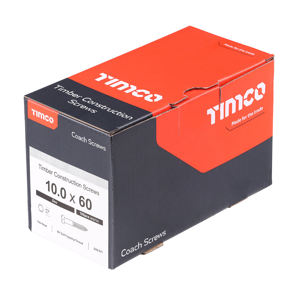 This is an image of Timco - Coach Screws - Hex - Zinc 10.0 x 60mm - (100 PCS Box) 1060CSC