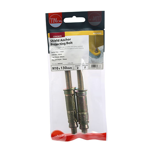 This is an image of Timco - Shield Anchor Projecting Bolts - Yellow M10:60P (M10 x 130)mm - (2 PCS TIMpac) 1060PSHP