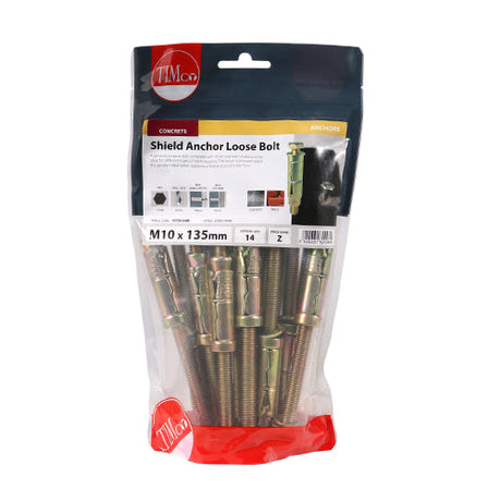 This is an image of Timco - Shield Anchor Loose Bolts - Yellow M10:75L (M10 x 135)mm - (14 PCS TIMbag) 1075LSHB
