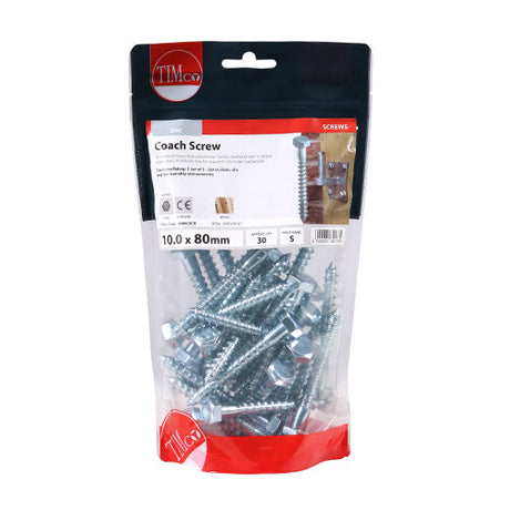 This is an image of Timco - Coach Screws - Hex - Zinc 10.0 x 80mm - (30 PCS TIMbag) 1080CSCB