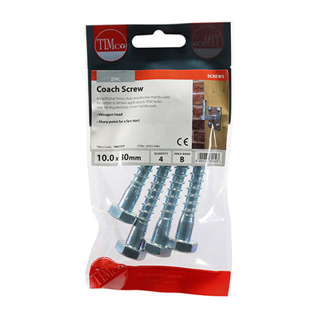 This is an image of Timco - Coach Screws - Hex - Zinc 10.0 x 80mm - (4 PCS TIMpac) 1080CSCP