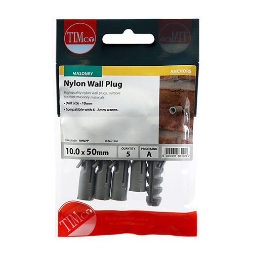 This is an image of Timco - Nylon Plugs 10.0 x 50mm - (5 PCS TIMpac) 10NLPP