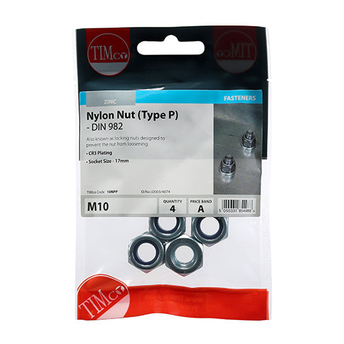 This is an image of Timco - Nylon Nuts - Type P - Zinc M10 - (4 PCS TIMpac) 10NPP