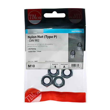 This is an image of Timco - Nylon Nuts - Type P - Zinc M10 - (4 PCS TIMpac) 10NPP