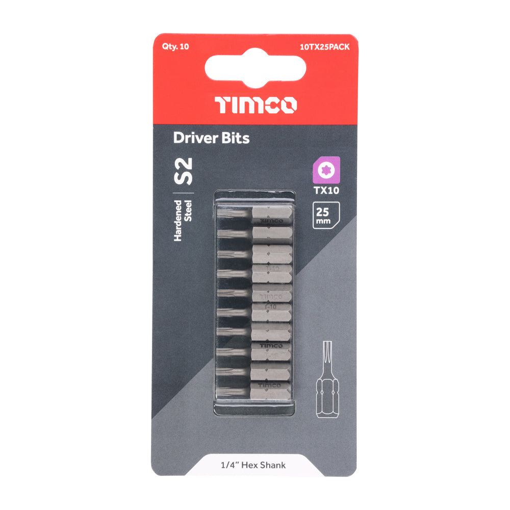 This is an image of Timco - S2 Driver Bits - TX TX10 x 25 (10 Pieces Blister Pack) 10TX25PACK