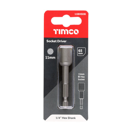This is an image of Timco - Magnetic Socket Driver Bit - Bi-Hex 11 x 65 (1 Each Blister Pack) 11BHSDB