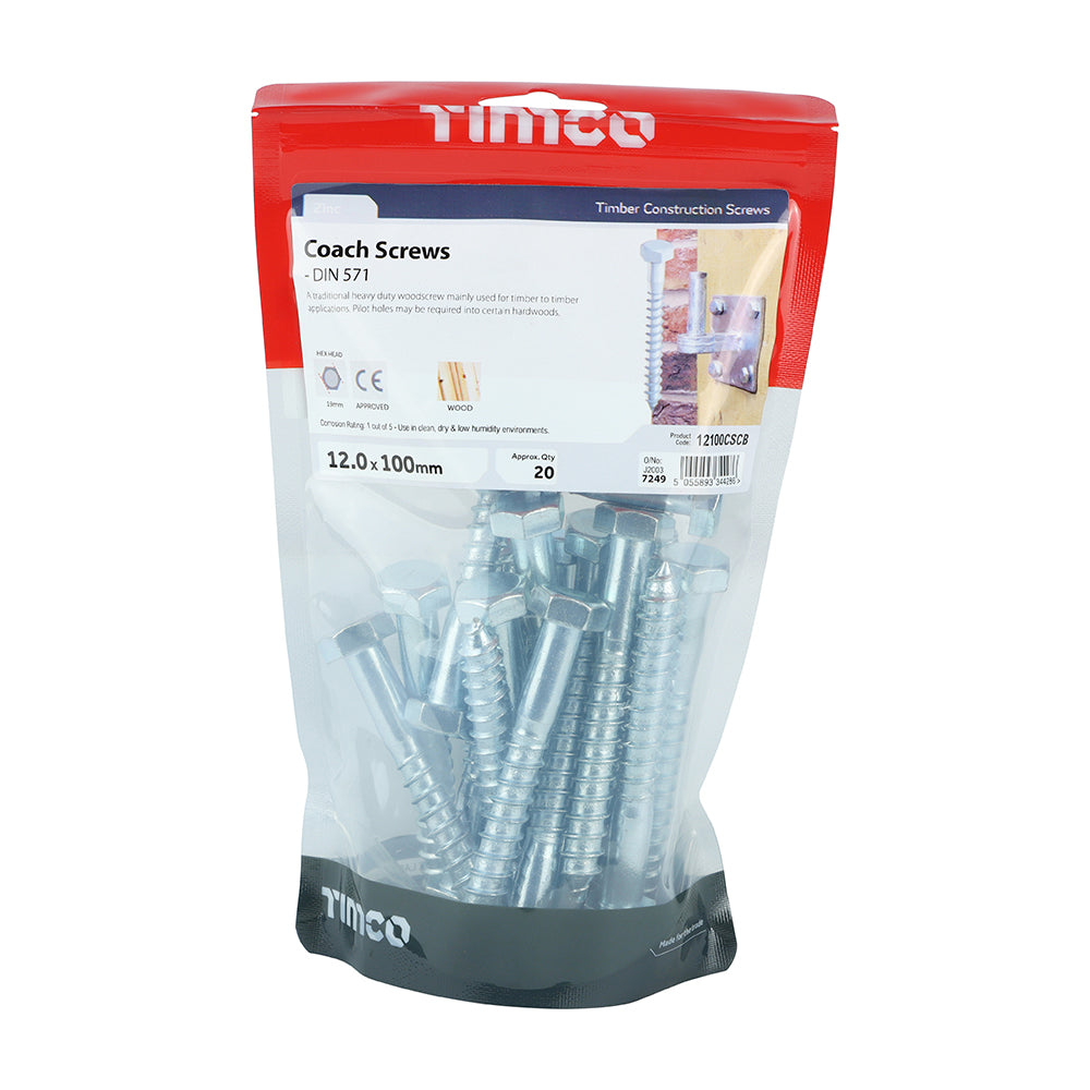 This is an image of Timco - Coach Screws - Hex - Zinc 12.0 x 100mm - (20 PCS TIMbag) 12100CSCB