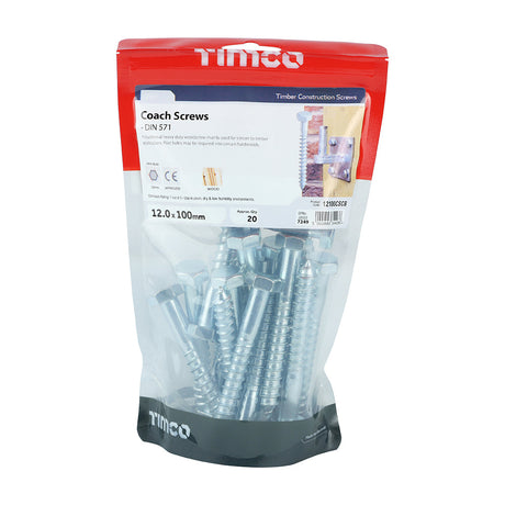 This is an image of Timco - Coach Screws - Hex - Zinc 12.0 x 100mm - (20 PCS TIMbag) 12100CSCB