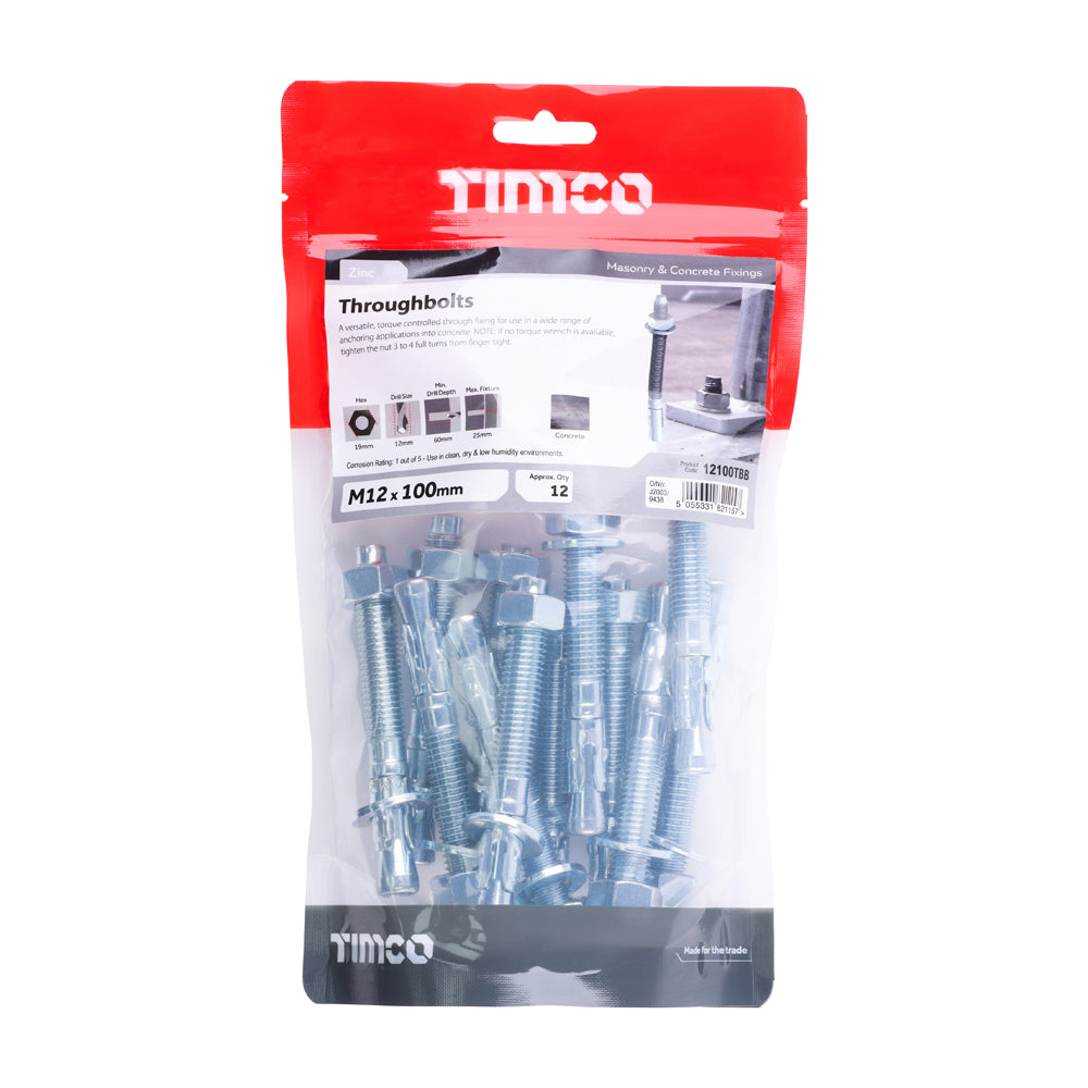 This is an image of Timco - Throughbolts - Zinc M12 x 100mm - (12 PCS TIMbag) 12100TBB