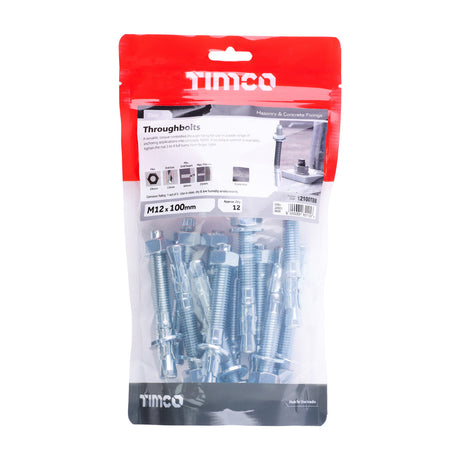 This is an image of Timco - Throughbolts - Zinc M12 x 100mm - (12 PCS TIMbag) 12100TBB
