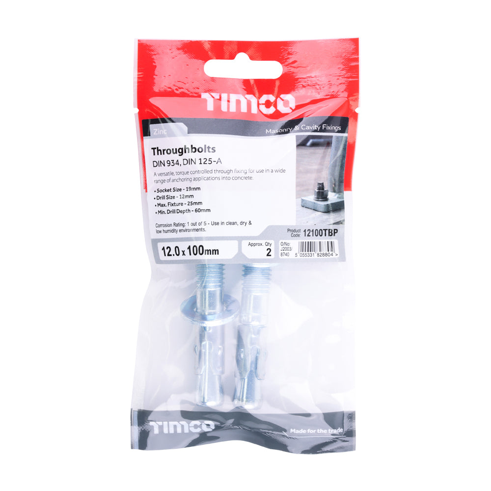 This is an image of Timco - Throughbolts - Zinc M12 x 100mm - (2 PCS TIMpac) 12100TBP