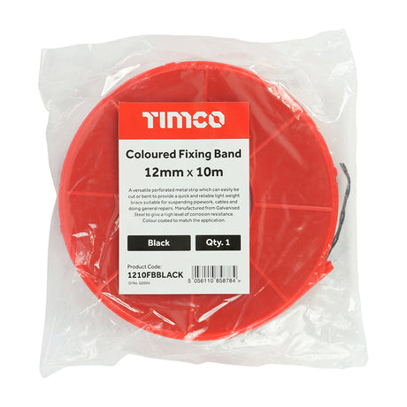 This is an image of Timco - Coloured Fixing Band - Black 12mm x 10m (1 Each Bag) 1210FBBLACK