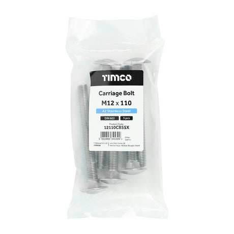 This is an image of Timco - Carriage Bolts - A2 Stainless Steel M12 x 110mm - (5 PCS Bag) 12110CBSSX