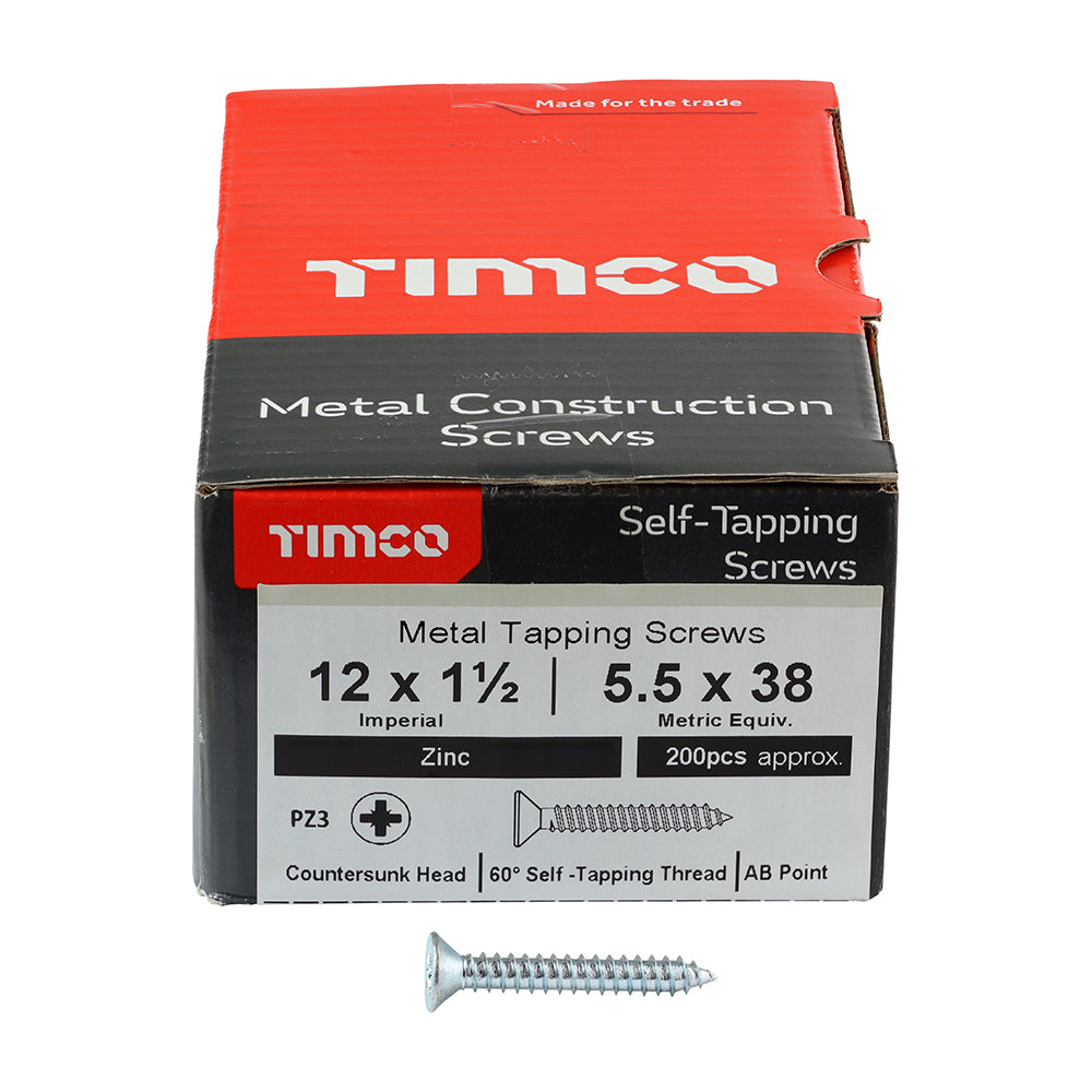 This is an image of Timco - Metal Tapping Screws - PZ - Countersunk - Self-Tapping - Zinc 12 x 1 1/2" - (200 PCS Box) 12112CCAZS