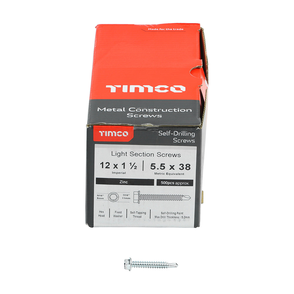 This is an image of Timco - Metal Construction Light Section Screws - Hex - Self-Drilling - Zinc 12 x 1 1/2" - (500 PCS Box) 12112HWSD