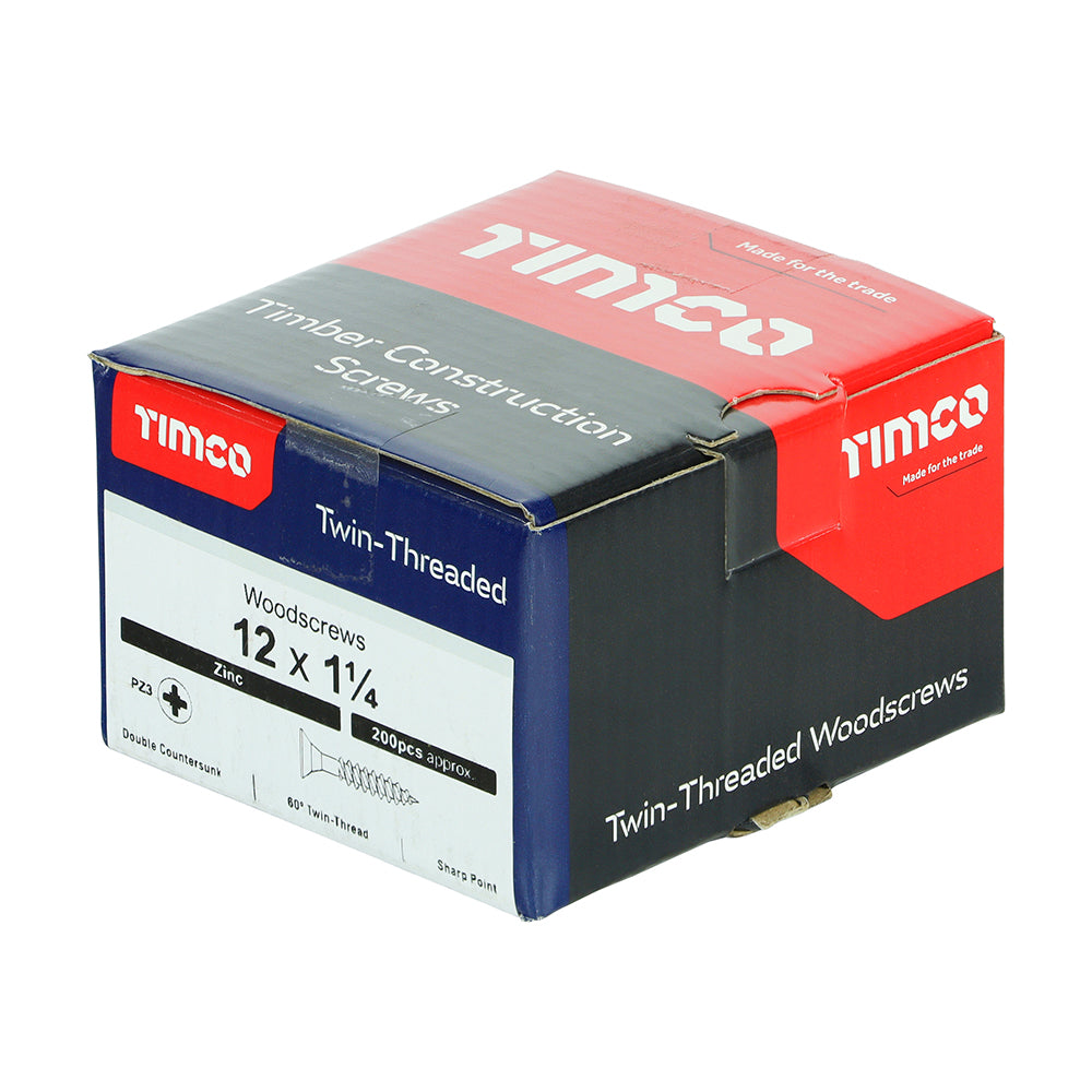 This is an image of Timco - Twin-Threaded Woodscrews - PZ - Double Countersunk - Zinc 12 x 1 1/4" - (200 PCS Box) 12114CWZ