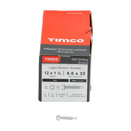 This is an image of Timco - Metal Construction Light Section Screws - Hex - Self-Drilling - Zinc 12 x 1 1/4" - (500 PCS Box) 12114HWSD