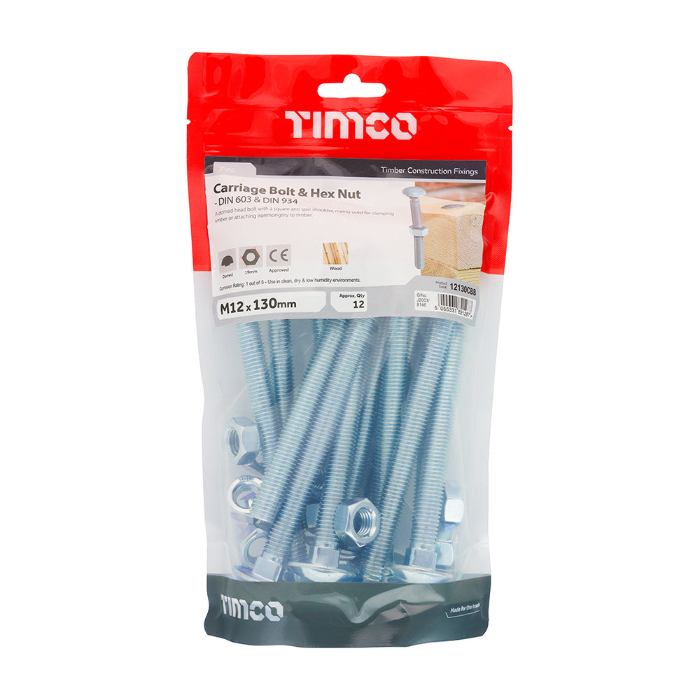 This is an image of Timco - Carriage Bolts & Hex Nuts - Zinc M12 x 130mm - (12 PCS TIMbag) 12130CBB