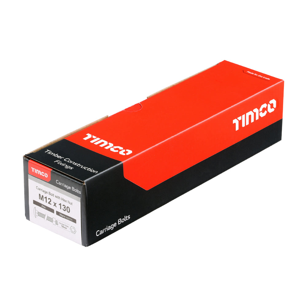 This is an image of Timco - Carriage Bolts & Hex Nuts - Zinc M12 x 130mm - (10 PCS Box) 12130CB