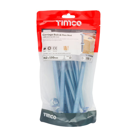 This is an image of Timco - Carriage Bolts & Hex Nuts - Zinc M12 x 150mm - (10 PCS TIMbag) 12150CBB