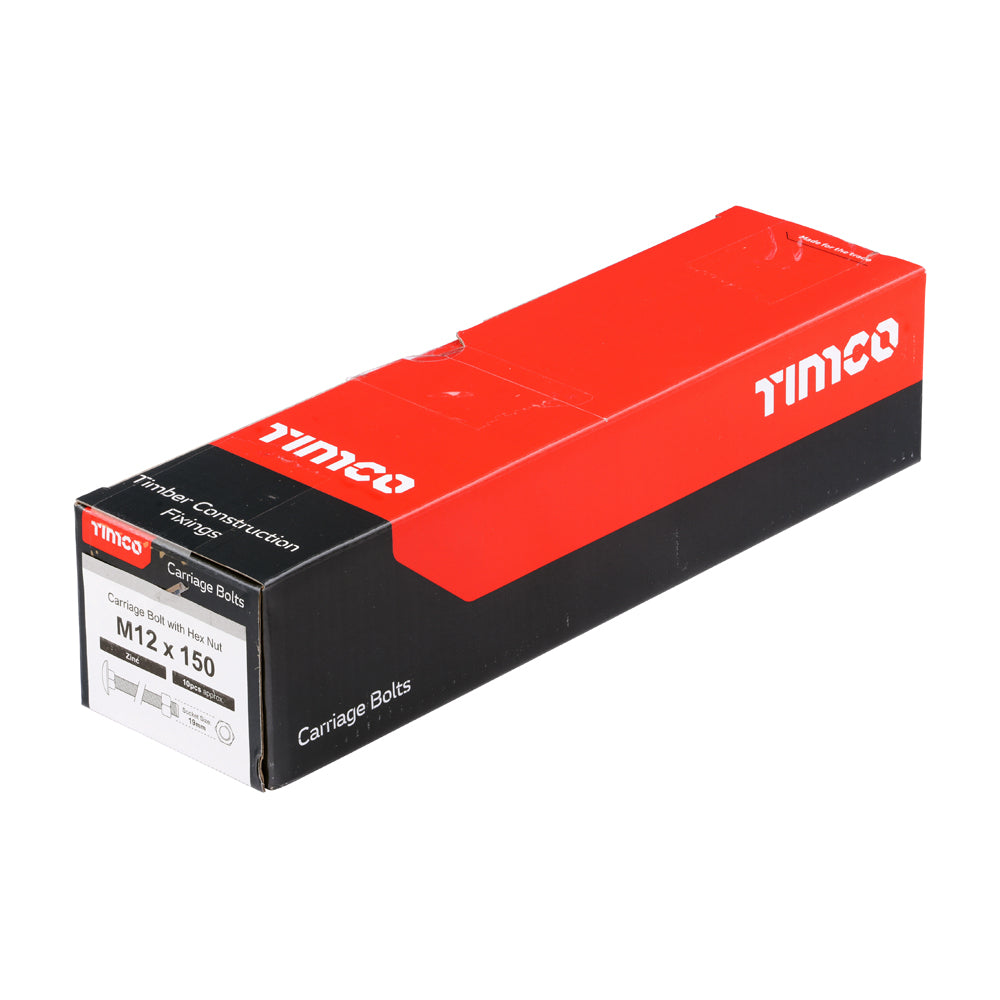This is an image of Timco - Carriage Bolts & Hex Nuts - Zinc M12 x 150mm - (10 PCS Box) 12150CB